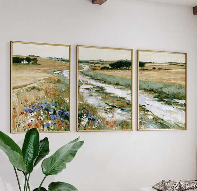 River Meadow Trio, Wildflower Landscape Wall Art Set - image 1