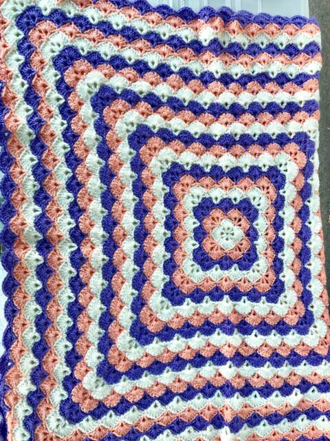 Crocheted Shell Baby Blanket - Pink, Purple & Cream