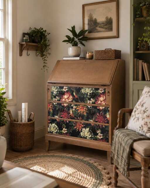 Vintage Oak Bureau Desk, Colourful Floral Decoupaged Drawers - image 1