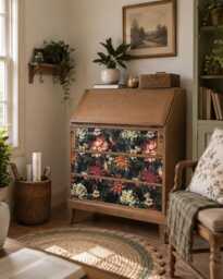 Vintage Oak Bureau Desk, Colourful Floral Decoupaged Drawers - thumbnail 1