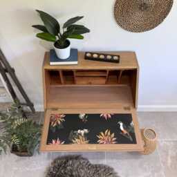 Vintage Oak Bureau Desk, Colourful Floral Decoupaged Drawers - thumbnail 4