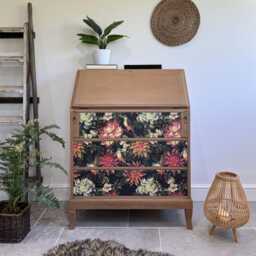 Vintage Oak Bureau Desk, Colourful Floral Decoupaged Drawers - thumbnail 2