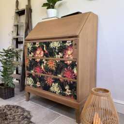 Vintage Oak Bureau Desk, Colourful Floral Decoupaged Drawers - thumbnail 2