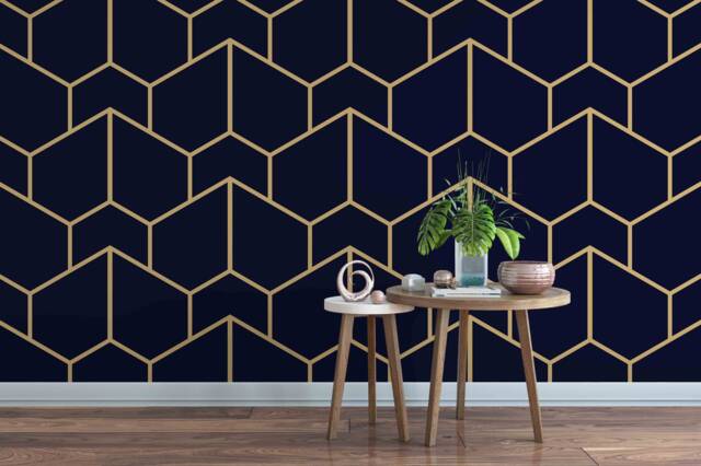 Geometric Black Wallpaper, Golden Line Wall Mural, Peel & Stick - image 1