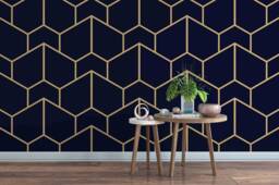 Geometric Black Wallpaper, Golden Line Wall Mural, Peel & Stick - thumbnail 1