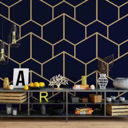 Geometric Black Wallpaper, Golden Line Wall Mural, Peel & Stick - thumbnail 2