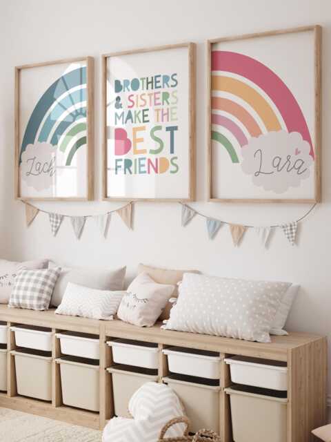 Set Of 3 Brother Sister Prints, Rainbow Wall Art, Sibling Big Bro Lil Sis Lil Bro, Playroom, Boys Bedroom, Girls Bedroom - image 1