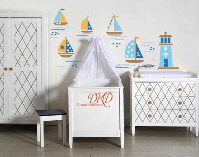 Nautical Vinyl Wall Decal, Lighthouse & Sailboats, Kids Room Decor - image 1