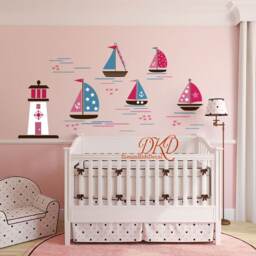 Nautical Vinyl Wall Decal, Lighthouse & Sailboats, Kids Room Decor - thumbnail 3