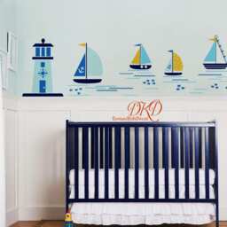 Nautical Vinyl Wall Decal, Lighthouse & Sailboats, Kids Room Decor - thumbnail 2