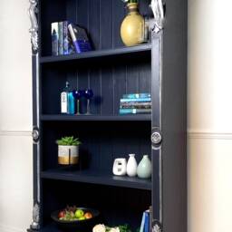 Sold But Similar Items Available For Commission. Hand Painted Gothic Bookcase in Midnight Blue With Silver Detail - thumbnail 2