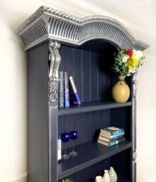 Sold But Similar Items Available For Commission. Hand Painted Gothic Bookcase in Midnight Blue With Silver Detail - thumbnail 1