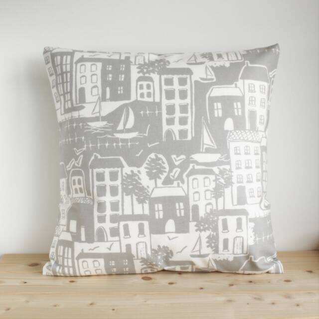 Nautical Pillow Cover Grey Seaside Village Print, Cotton Cushion Cover - image 1