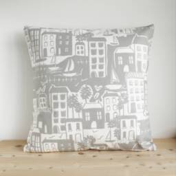 Nautical Pillow Cover Grey Seaside Village Print, Cotton Cushion Cover - thumbnail 1