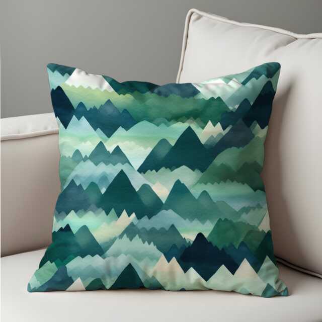 Mountain Range Throw Pillow Cover, Green & Teal Watercolor Landscape Cushion Case, Nature Adventure Inspired Home Decor Accent - image 1