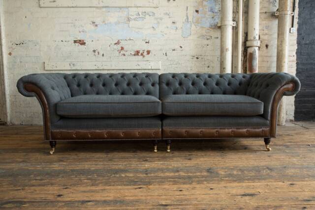 4 Seater Dark Grey & Antique Tan Brown Leather Chesterfield Sofa - Split Design British Handmade - image 1