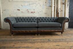 4 Seater Dark Grey & Antique Tan Brown Leather Chesterfield Sofa - Split Design British Handmade - thumbnail 1