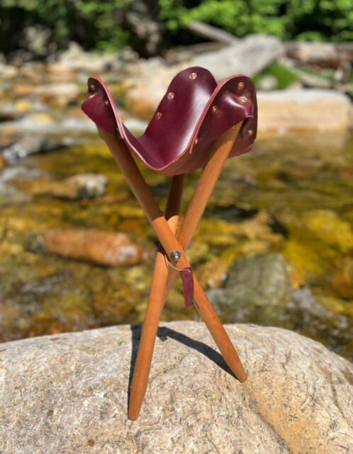 Burgundy Leather Campaign Stool Folding Camp Seat, Mahogany Legs - image 1