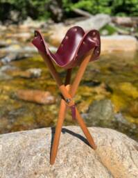 Burgundy Leather Campaign Stool Folding Camp Seat, Mahogany Legs