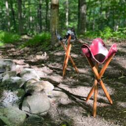 Burgundy Leather Campaign Stool Folding Camp Seat, Mahogany Legs - thumbnail 4