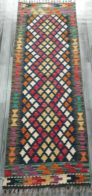 Multicolour Runner Rug, Handmade Artisan Afghan Turkish Scandinavian Navajo Bohemian Flatweave Wool Kilim Rug 188x66 cm - image 1
