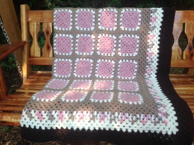 Crocheted Granny Square Afghan, Brown & Pink Acrylic Throw - image 1