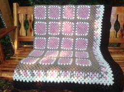 Crocheted Granny Square Afghan, Brown & Pink Acrylic Throw