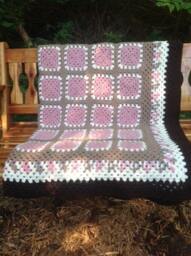 Crocheted Granny Square Afghan, Brown & Pink Acrylic Throw - thumbnail 3