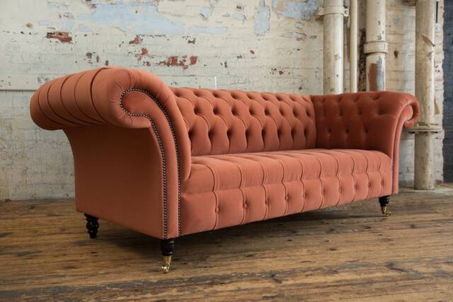 3 Seater Burnt Orange Velvet Chesterfield Sofa, British Handmade - image 1