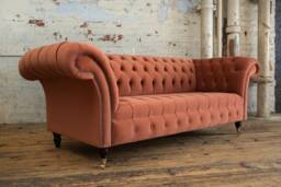 3 Seater Burnt Orange Velvet Chesterfield Sofa, British Handmade
