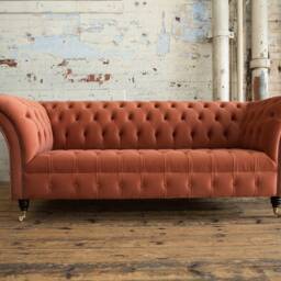 3 Seater Burnt Orange Velvet Chesterfield Sofa, British Handmade - thumbnail 2