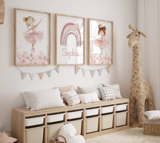 Personalised Pink Ballerina Nursery Prints Rainbow Ballet Wall Art Set Of 3 - image 1