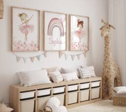 Personalised Pink Ballerina Nursery Prints Rainbow Ballet Wall Art Set Of 3