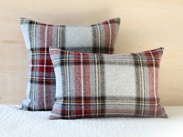 Gray & Red Plaid Wool Pillow Cover, Classic Stewart - Made To Order - image 1