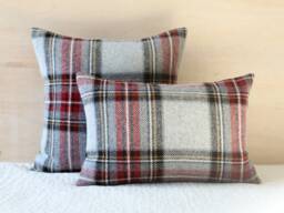 Gray & Red Plaid Wool Pillow Cover, Classic Stewart - Made To Order - thumbnail 1