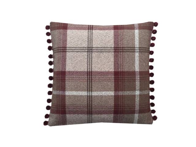 Balmoral Tartan Plaid Cushion Cover Beige Tweed With Pompom Trim - image 1