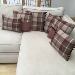 Balmoral Tartan Plaid Cushion Cover Beige Tweed With Pompom Trim - thumbnail 3