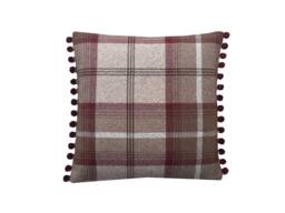 Balmoral Tartan Plaid Cushion Cover Beige Tweed With Pompom Trim - thumbnail 1