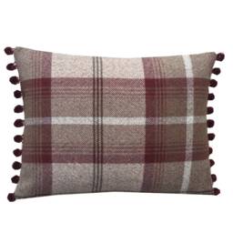 Balmoral Tartan Plaid Cushion Cover Beige Tweed With Pompom Trim - thumbnail 2