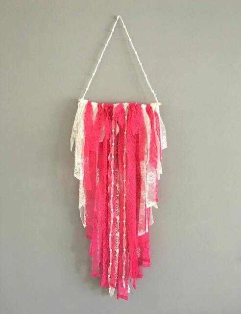 Pink Lace Boho Baby Nursery Wall Hanging With Pearls - image 1