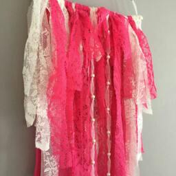 Pink Lace Boho Baby Nursery Wall Hanging With Pearls - thumbnail 3