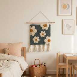 Daisy Punch Needle Wall Hanging, Floral Fiber Art, Boho Nursery Decor - thumbnail 2