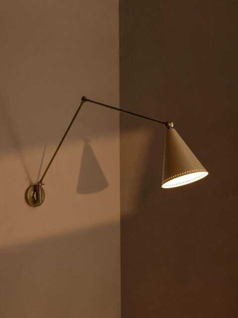 Modern Brass Wall Light With Articulating Arm & Cone Shade- Sputnik Style Sconce Fixture- Vincent Light- Cream Shade - image 1
