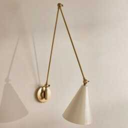 Modern Brass Wall Light With Articulating Arm & Cone Shade- Sputnik Style Sconce Fixture- Vincent Light- Cream Shade - thumbnail 3
