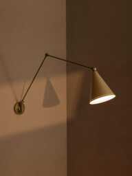 Modern Brass Wall Light With Articulating Arm & Cone Shade- Sputnik Style Sconce Fixture- Vincent Light- Cream Shade - thumbnail 1