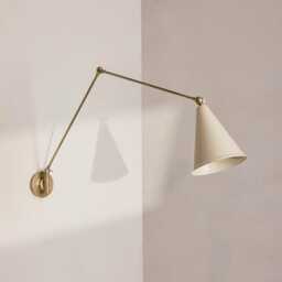 Modern Brass Wall Light With Articulating Arm & Cone Shade- Sputnik Style Sconce Fixture- Vincent Light- Cream Shade - thumbnail 2
