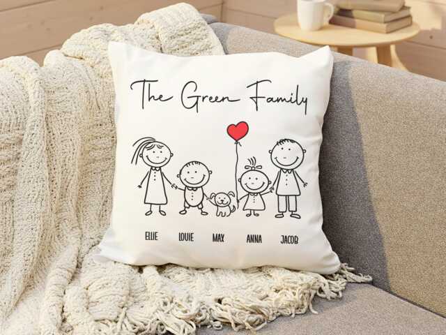 Personalised Family Cushion Custom Stick Figures, Names Included - image 1