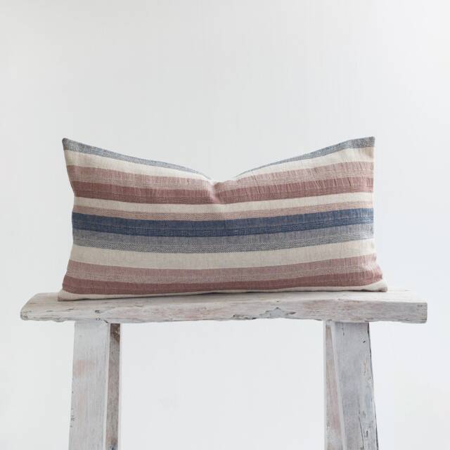 Woven Linen Lumbar Pillow, Striped Farmhouse Cushion, Bamboo Back - image 1