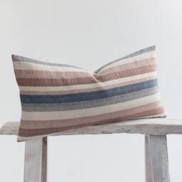 Woven Linen Lumbar Pillow, Striped Farmhouse Cushion, Bamboo Back - thumbnail 3