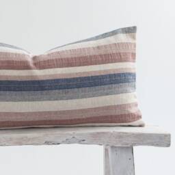 Woven Linen Lumbar Pillow, Striped Farmhouse Cushion, Bamboo Back - thumbnail 2